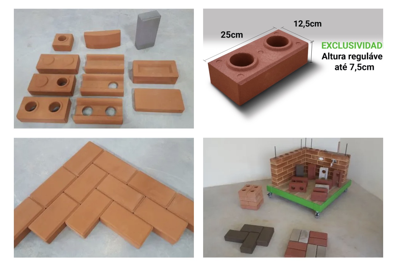 Composição com portfólio de tijolos ecológicos, dimensões, piso e maquete — identidade TerraCotta