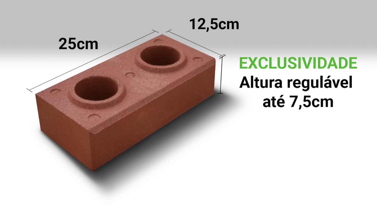 Tijolo ecológico de encaixe com dimensões 25cm x 12,5cm — 2 furos redondos